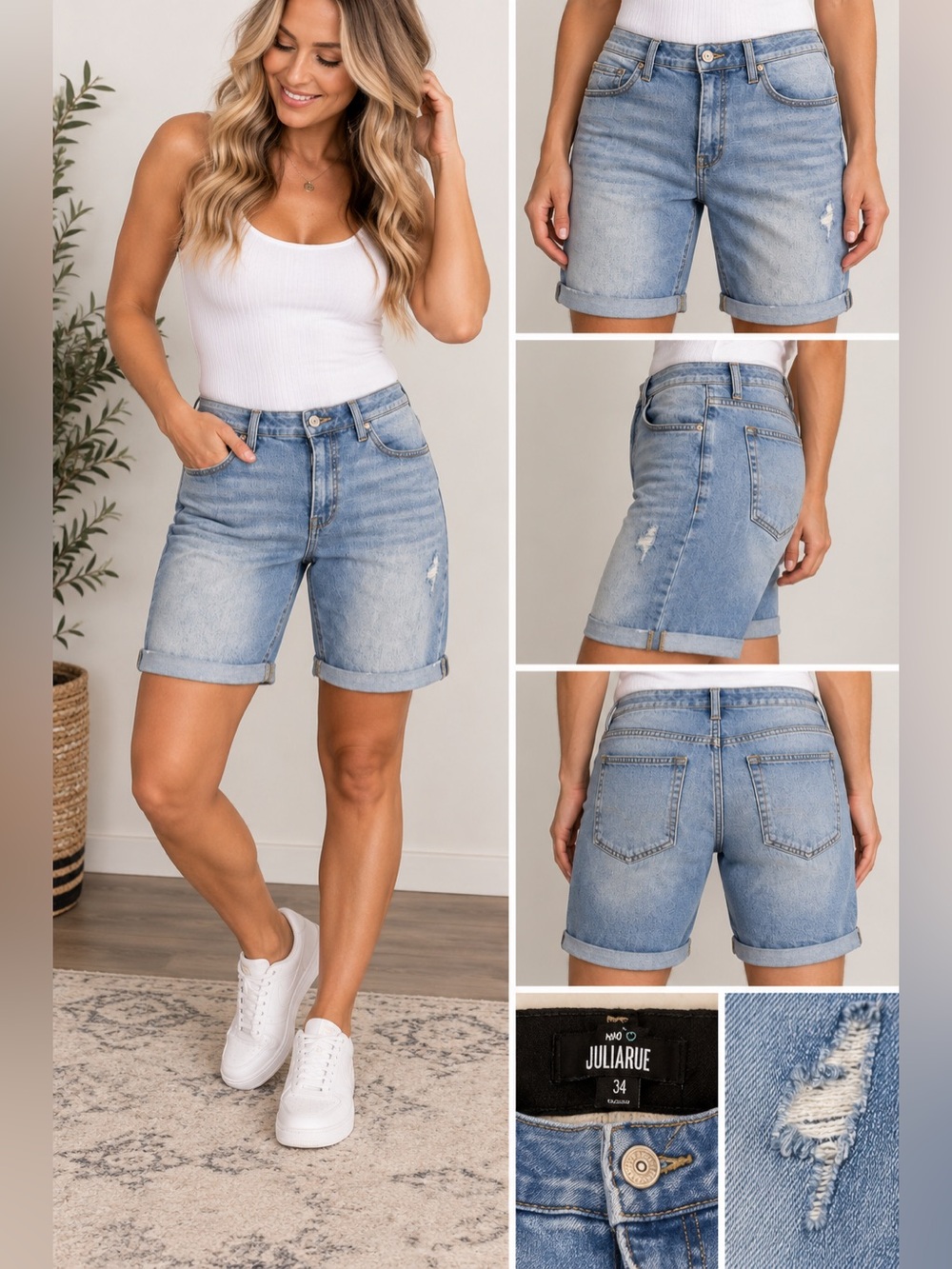 LuLaRoe Distressed Bermuda Denim Shorts Size 34 Light Wash